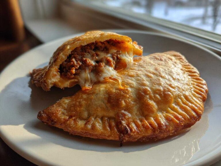 Two golden-brown cheesy pocket tacos on a white plate, one broken open revealing spicy meat and a long cheese pull.