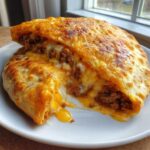 A close-up of a cheesy pocket taco cut in half, showing melted cheese stretching between the seasoned ground beef filling.