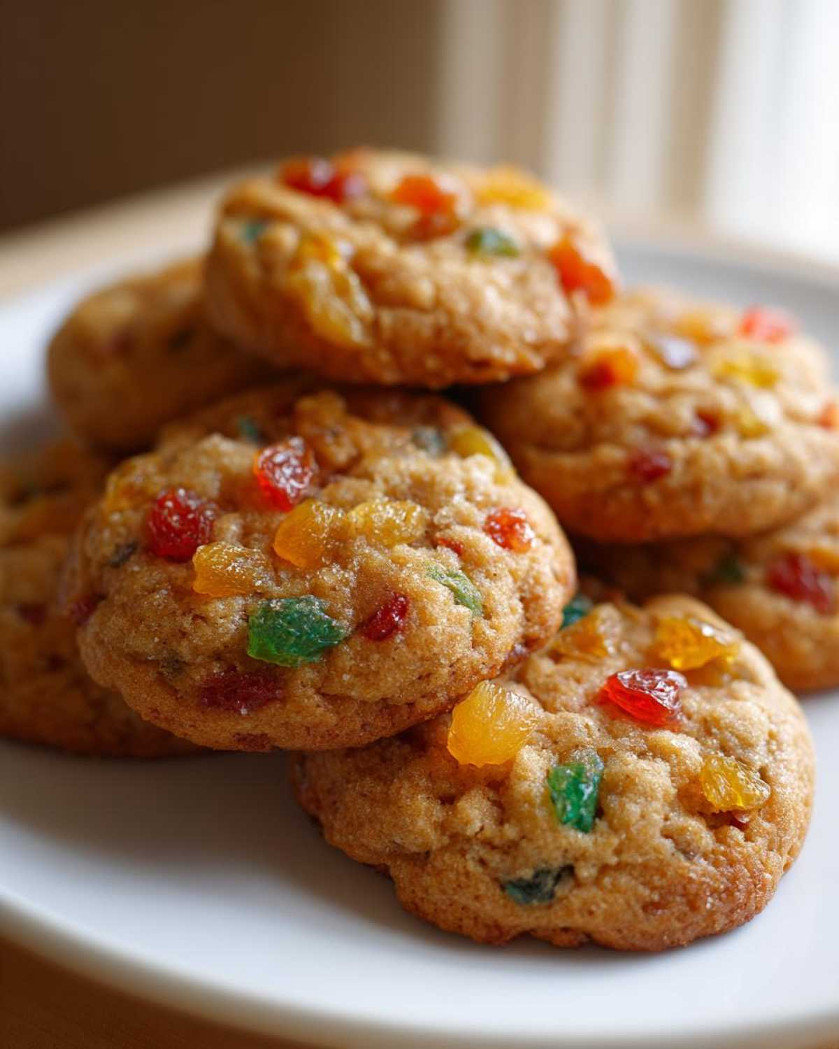 A stack of chewy fruitcake cookies studded with colorful candied fruit pieces on a white plate.