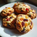 A stack of chewy fruitcake cookies loaded with colorful dried fruits and raisins, sitting on a white plate.