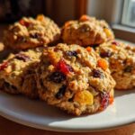Close-up of several chewy fruitcake cookies loaded with colorful dried fruit, sitting on a white plate.
