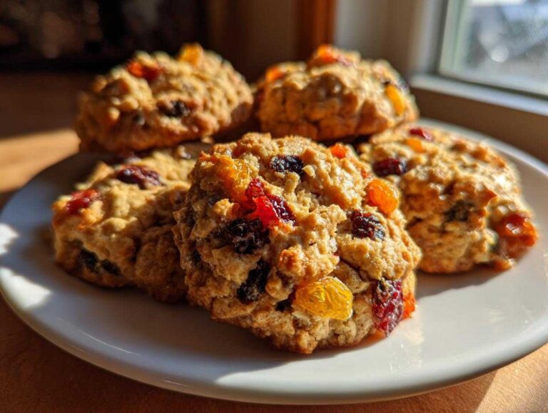 Close-up of several chewy fruitcake cookies loaded with colorful dried fruit, sitting on a white plate.