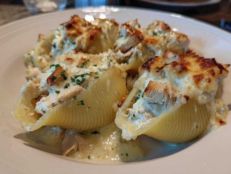 Four baked jumbo pasta shells filled with creamy chicken alfredo mixture and topped with melted, browned cheese.