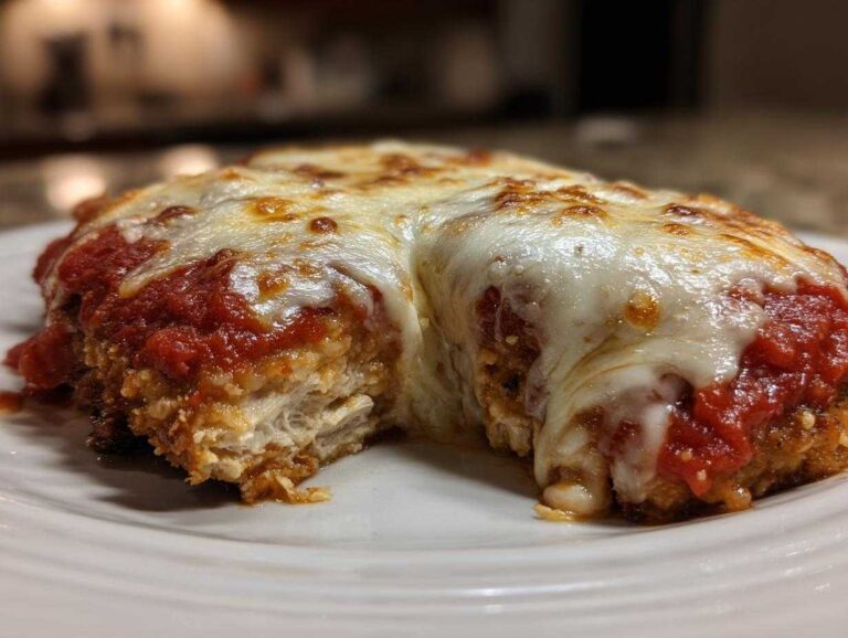 Close-up of a baked chicken parmesan recipe cut open, showing breaded chicken, marinara sauce, and melted, bubbly mozzarella cheese.