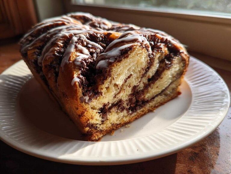 A close-up of a freshly baked chocolate babka loaf, showing rich chocolate swirls and a white glaze drizzle, sitting on a white plate.