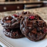 Close-up of rich, dark chocolate cherry cookies stacked on a white plate, featuring melted chocolate chips and dried cherries.
