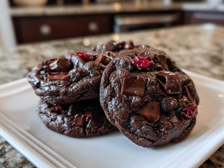 Close-up of rich, dark chocolate cherry cookies stacked on a white plate, featuring melted chocolate chips and dried cherries.