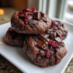 Close-up of three rich chocolate cherry cookies stacked on a white plate with melted chocolate chunks.