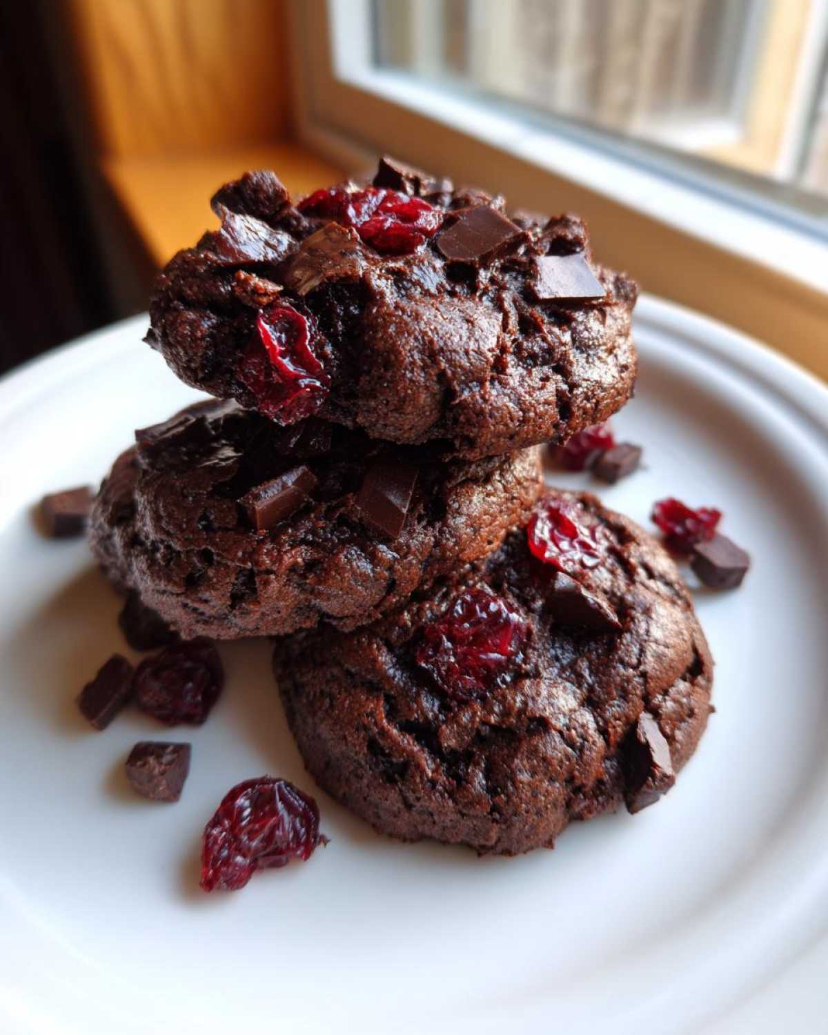A stack of three rich, dark chocolate cherry cookies topped with chocolate chunks and dried cherries.