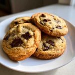 A close-up of four golden brown chocolate chunk pudding cookies stacked slightly on a white plate.
