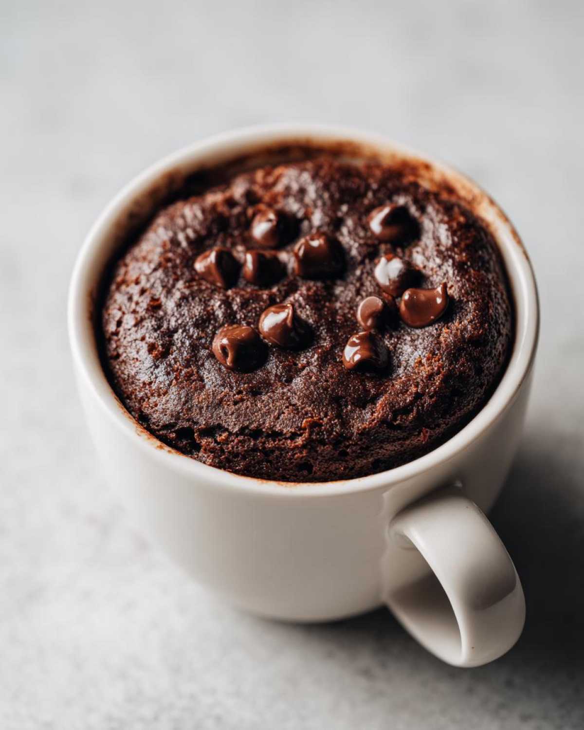 Close-up of a rich chocolate mug cake baked in a white mug, topped with melted chocolate chips.