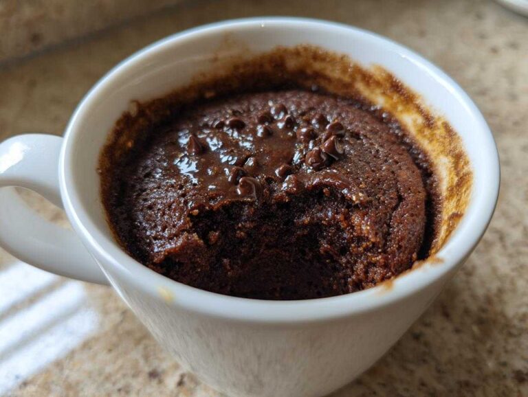 Close-up of a rich, dark chocolate mug cake with melted chocolate chips on top, ready to eat.