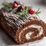 A rich chocolate yule log cake, dusted with powdered sugar and decorated with fresh cranberries and rosemary.