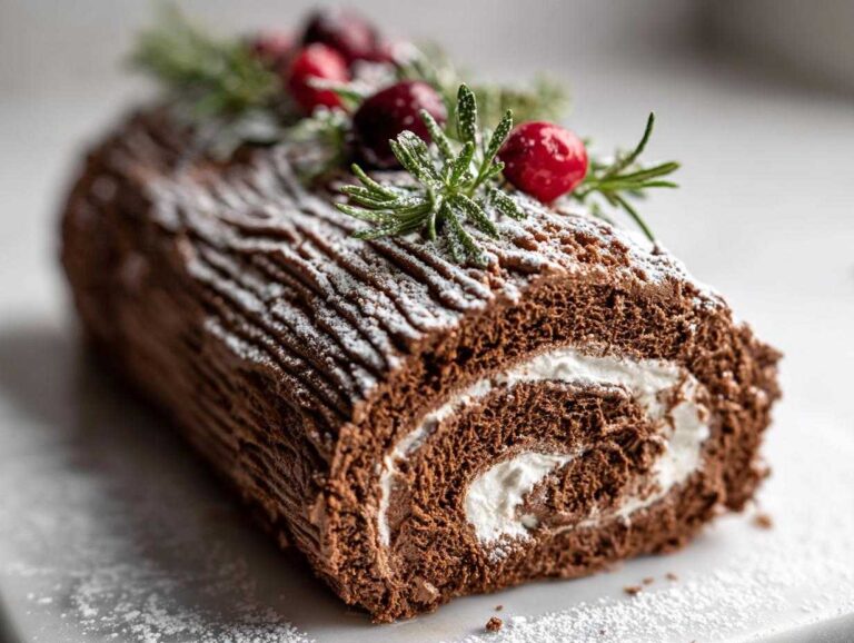 A rich chocolate yule log cake, dusted with powdered sugar and decorated with fresh cranberries and rosemary.