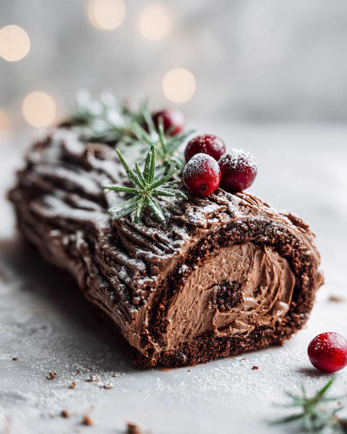 A cross-section view of a chocolate yule log cake decorated with cranberries and rosemary, dusted with powdered sugar.