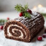 A cross-section of a rich chocolate yule log cake showing the swirl of cream filling, dusted with powdered sugar.