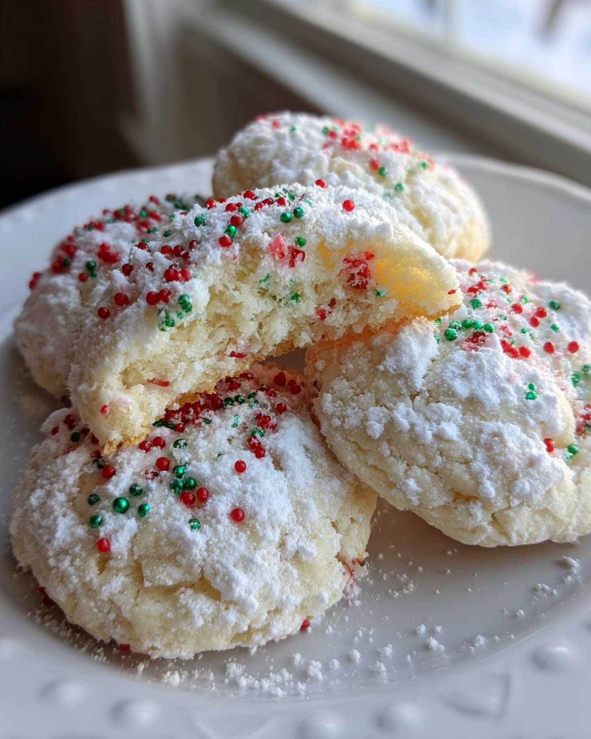 Four soft Christmas gooey butter cookies dusted with powdered sugar and red and green sprinkles on a white plate.