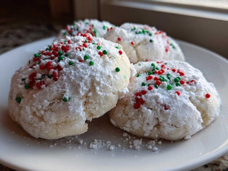 Close-up of three Christmas gooey butter cookies heavily dusted with powdered sugar and festive red and green sprinkles.
