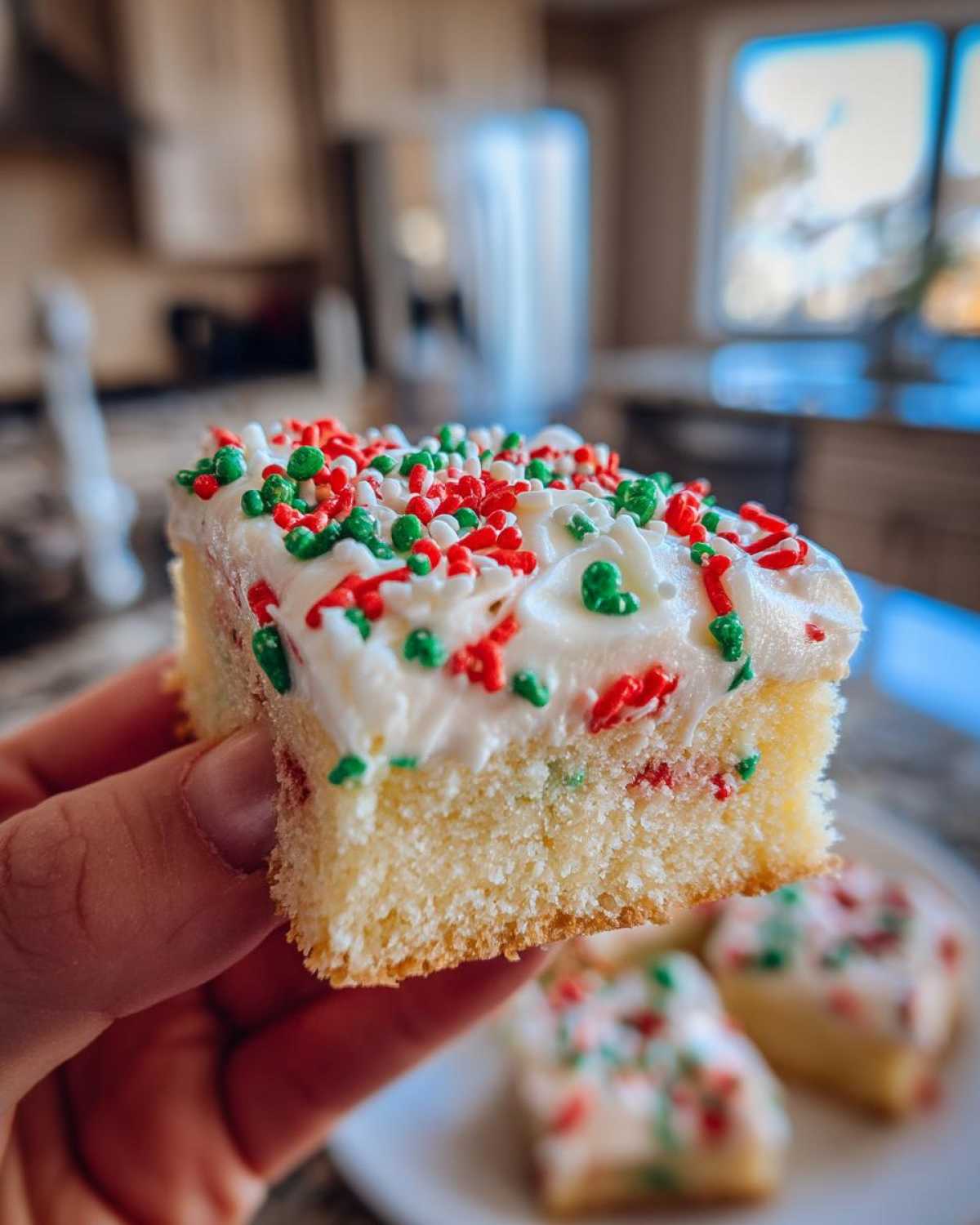 A hand holding a thick slice of moist christmas sugar cookie bars topped with white frosting and red and green sprinkles.
