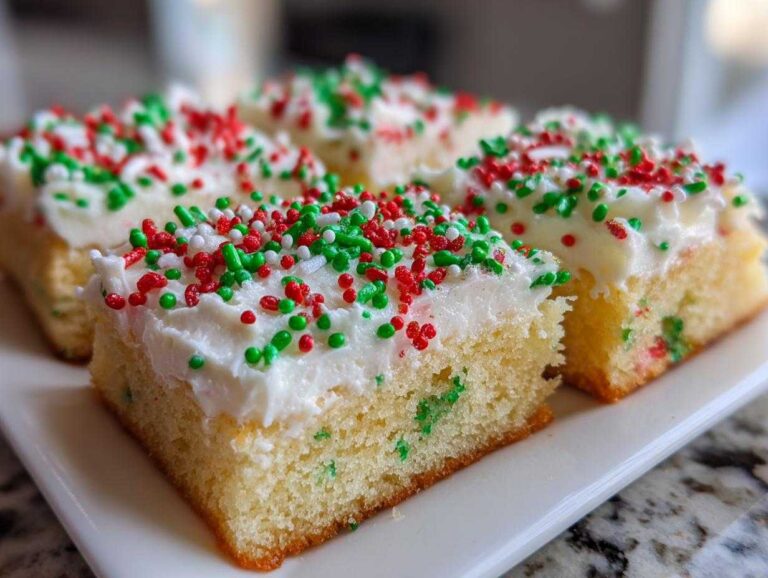 Four squares of moist christmas sugar cookie bars topped with thick white frosting and red and green holiday sprinkles.