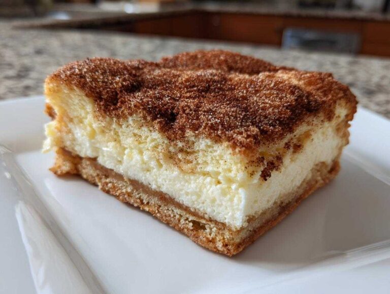 A single, thick slice of churro cheesecake bar featuring a creamy white filling and a heavy cinnamon-sugar topping.