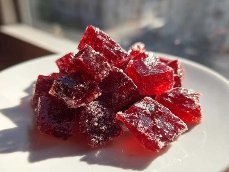Close-up of deep red, sugar-coated cinnamon rock candy cubes piled on a white plate.