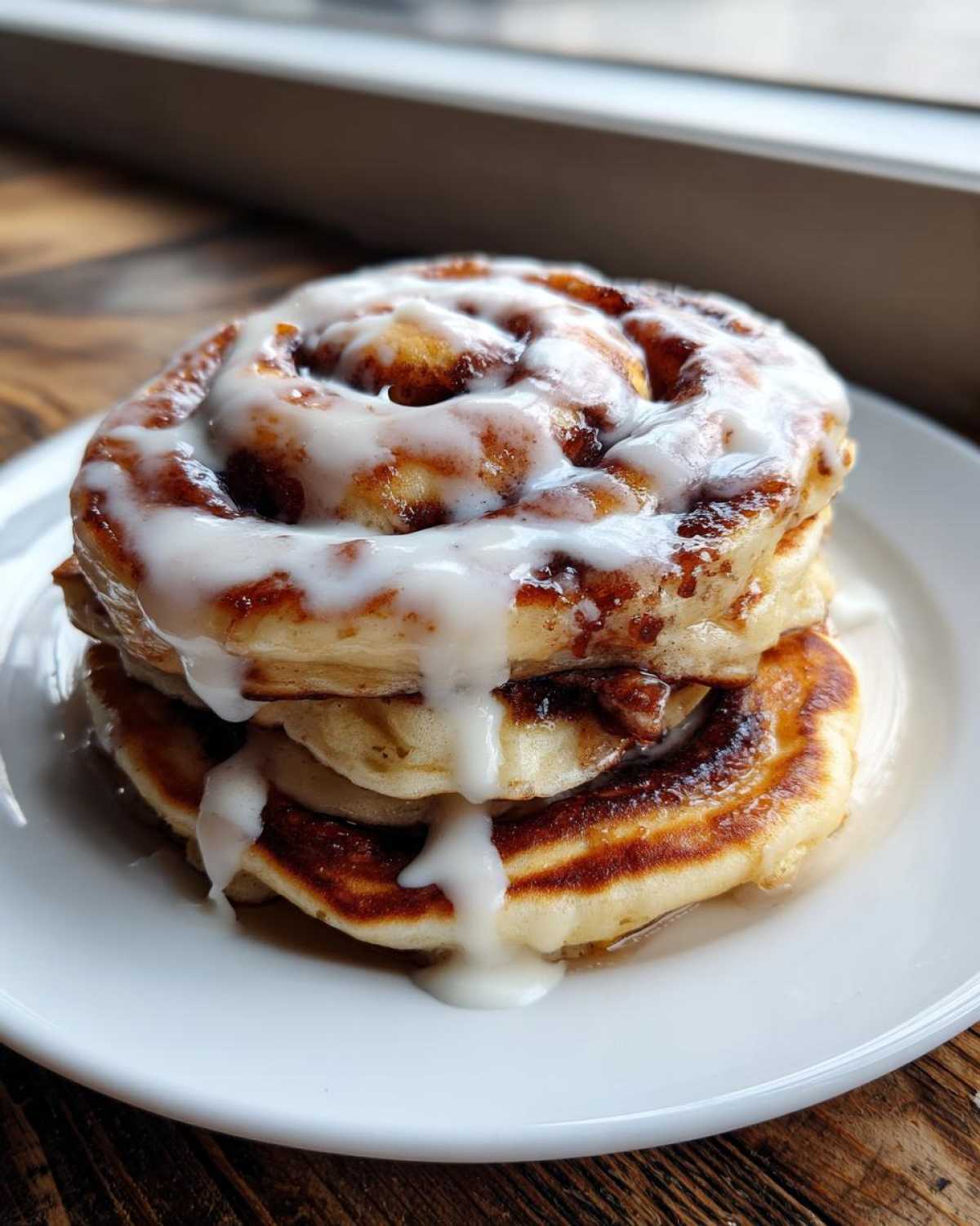 Close-up of a stack of three cinnamon roll pancakes topped with thick white icing glaze.