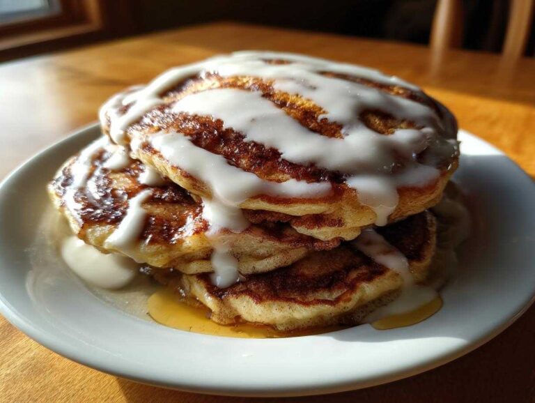 A stack of fluffy cinnamon roll pancakes topped with thick white glaze and syrup on a white plate.