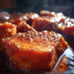 Macro shot of glistening, rich orange candied yams soaking in thick, dark syrup.