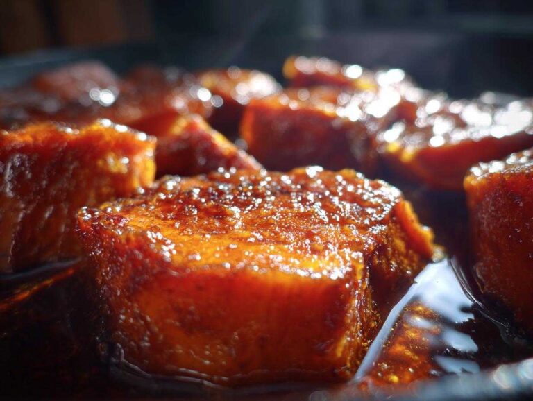 Macro shot of glistening, rich orange candied yams soaking in thick, dark syrup.