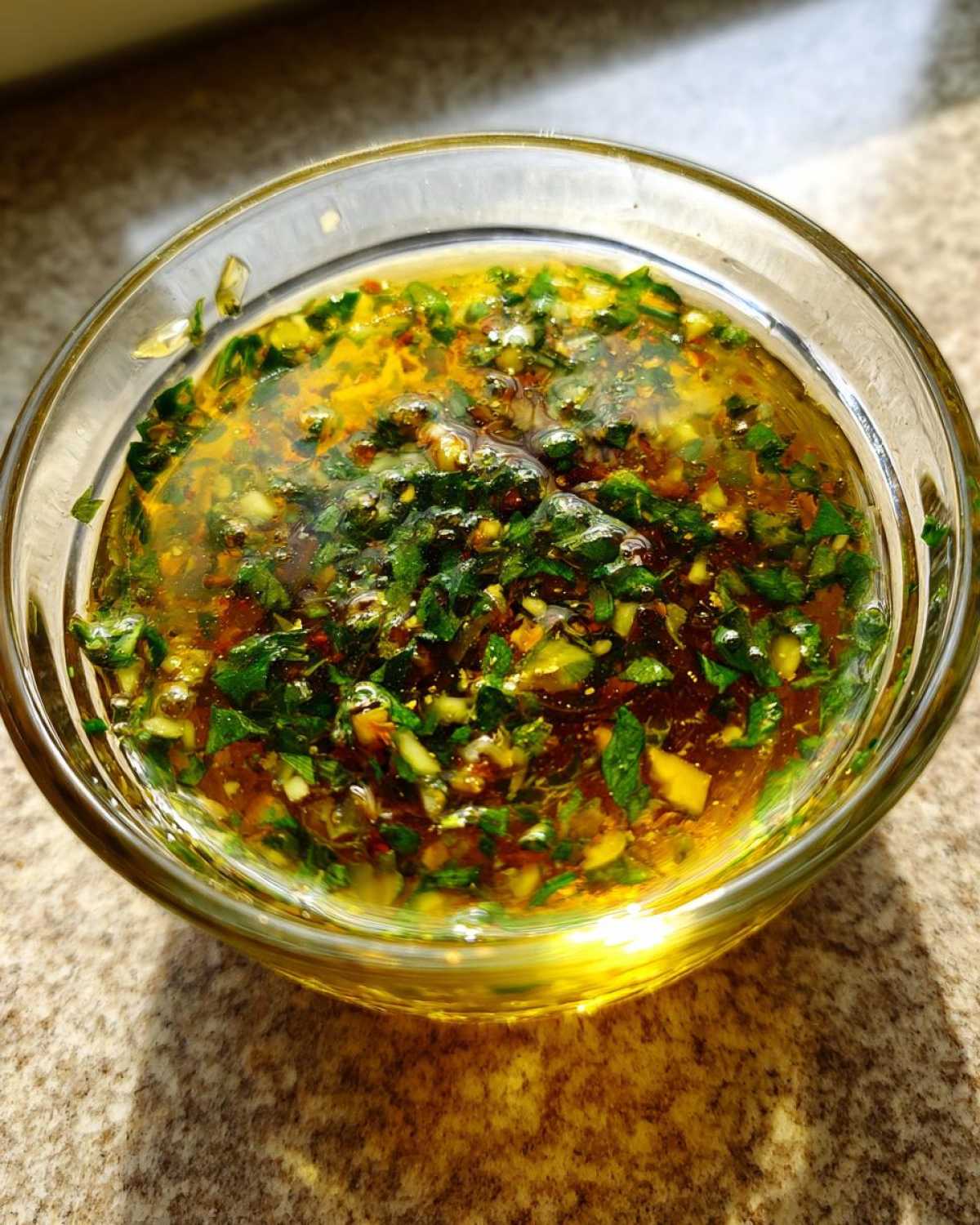 Close-up of vibrant cowboy butter dipping sauce, rich with melted butter, herbs, and garlic, in a clear glass bowl.