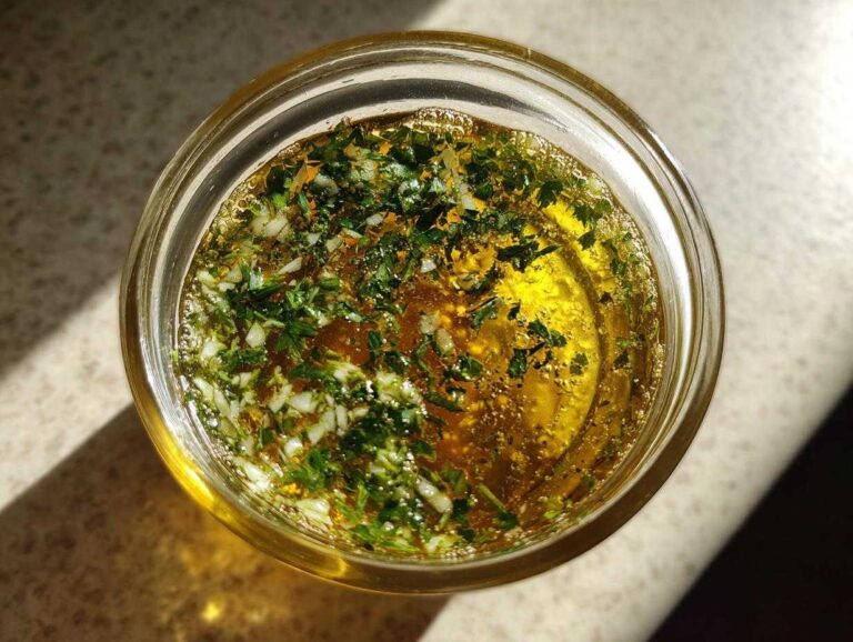 Overhead view of vibrant cowboy butter dipping sauce, rich yellow oil mixed with minced garlic and fresh green herbs in a small glass jar.