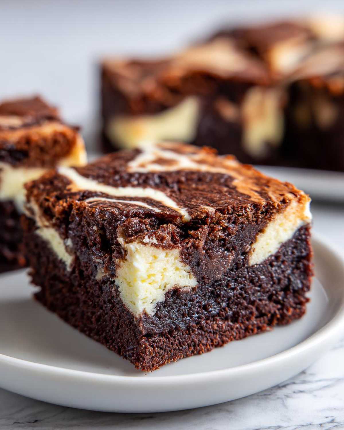 A close-up view of a rich, fudgy cream cheese brownies square with a visible cream cheese swirl on a white plate.