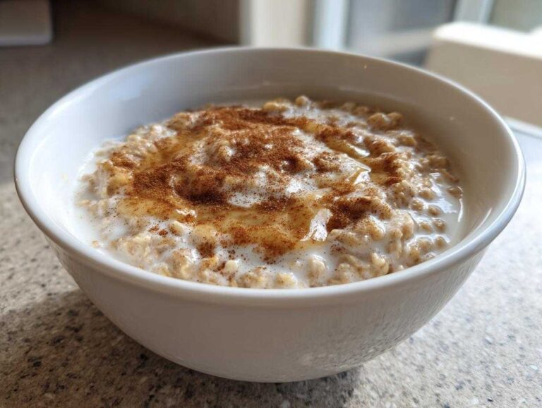 Close-up of creamy banana oatmeal in a white bowl, drizzled with honey and sprinkled with cinnamon.