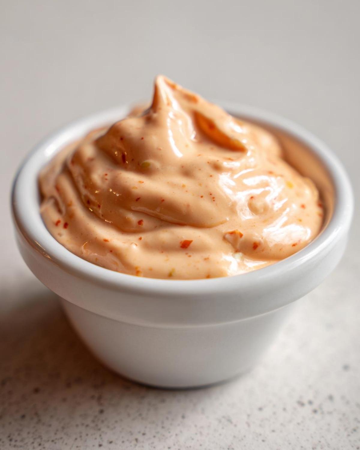 Close-up of creamy, orange-hued big mac sauce swirled high in a small white dipping bowl.