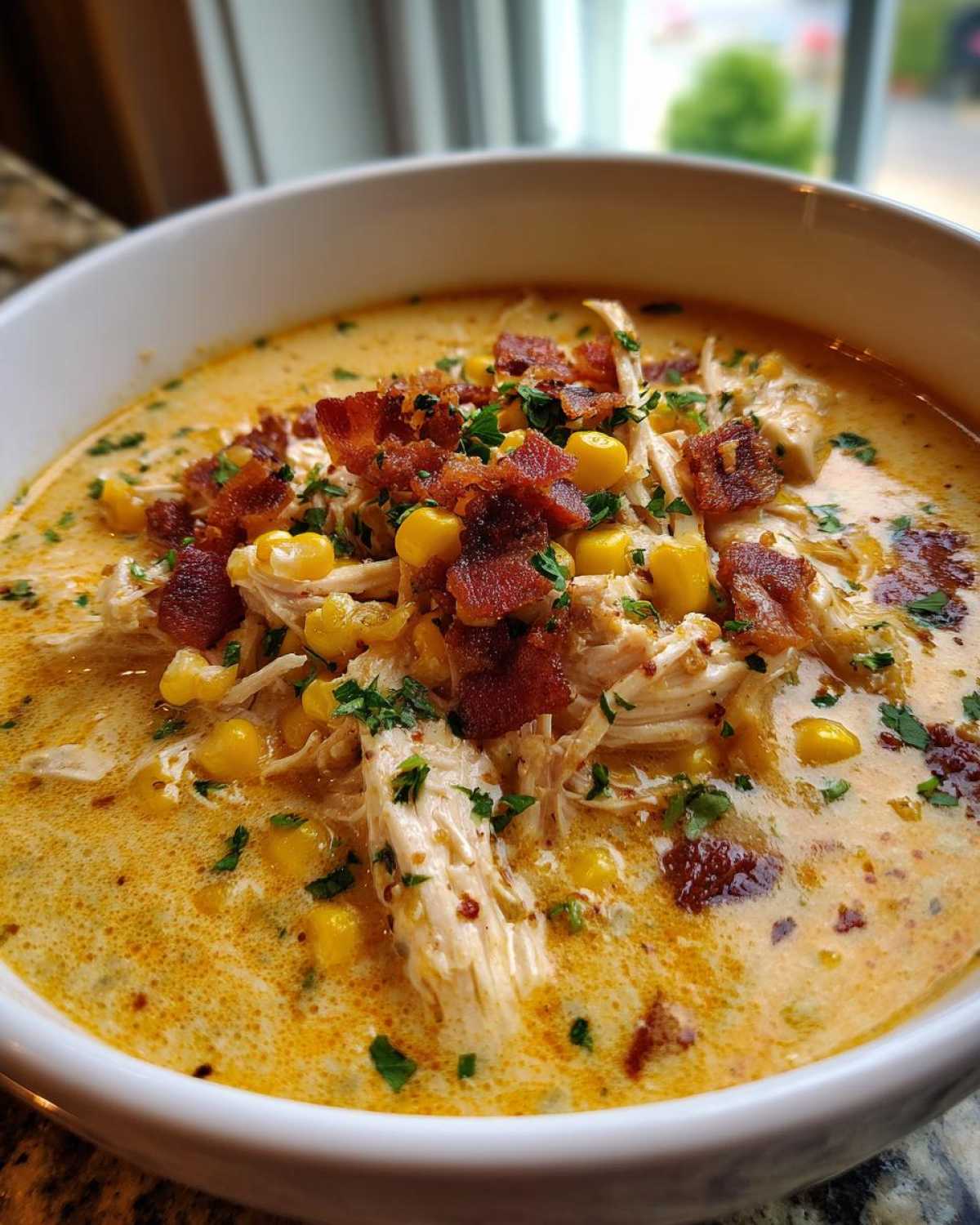Close-up of a creamy bowl of chicken corn chowder topped with shredded chicken, corn kernels, and crispy bacon bits.