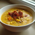 Close-up of a bowl of creamy, yellow chicken corn chowder topped with crispy bacon bits.