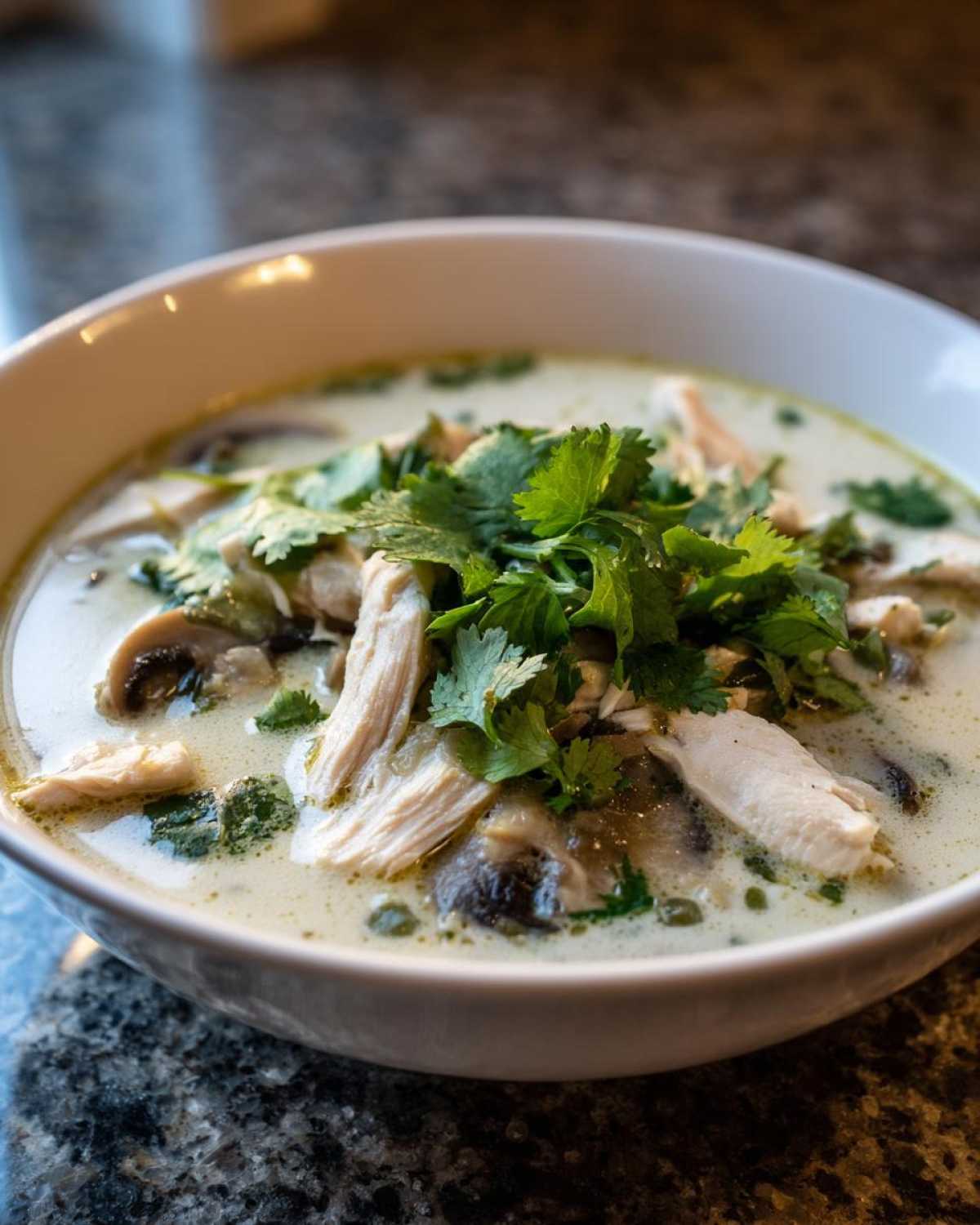 A close-up of a white bowl filled with creamy chicken and mushroom coconut soup, topped generously with fresh cilantro.