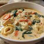 A close-up of a white bowl filled with creamy chicken tortellini soup, featuring tortellini, carrots, and spinach.