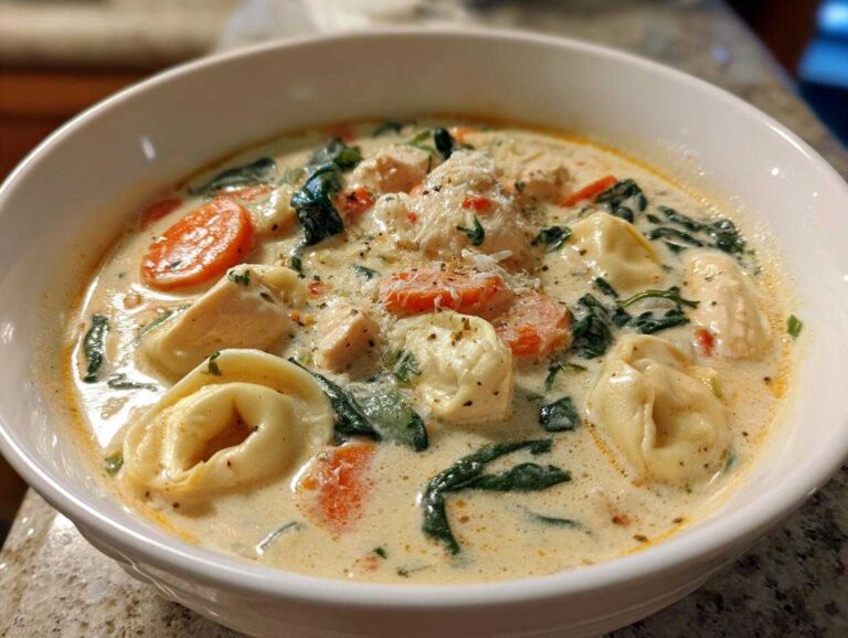 A close-up of a white bowl filled with creamy chicken tortellini soup, featuring tortellini, carrots, and spinach.