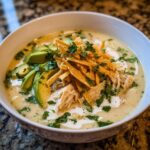 Close-up of a bowl of creamy chicken tortilla soup, garnished with shredded chicken, avocado slices, tortilla strips, and cilantro.