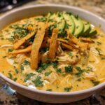 A bowl of rich, creamy chicken tortilla soup topped with shredded chicken, tortilla strips, avocado slices, and cilantro.