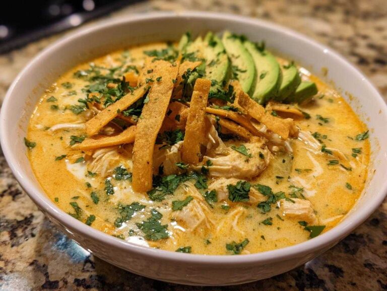 A bowl of rich, creamy chicken tortilla soup topped with shredded chicken, tortilla strips, avocado slices, and cilantro.