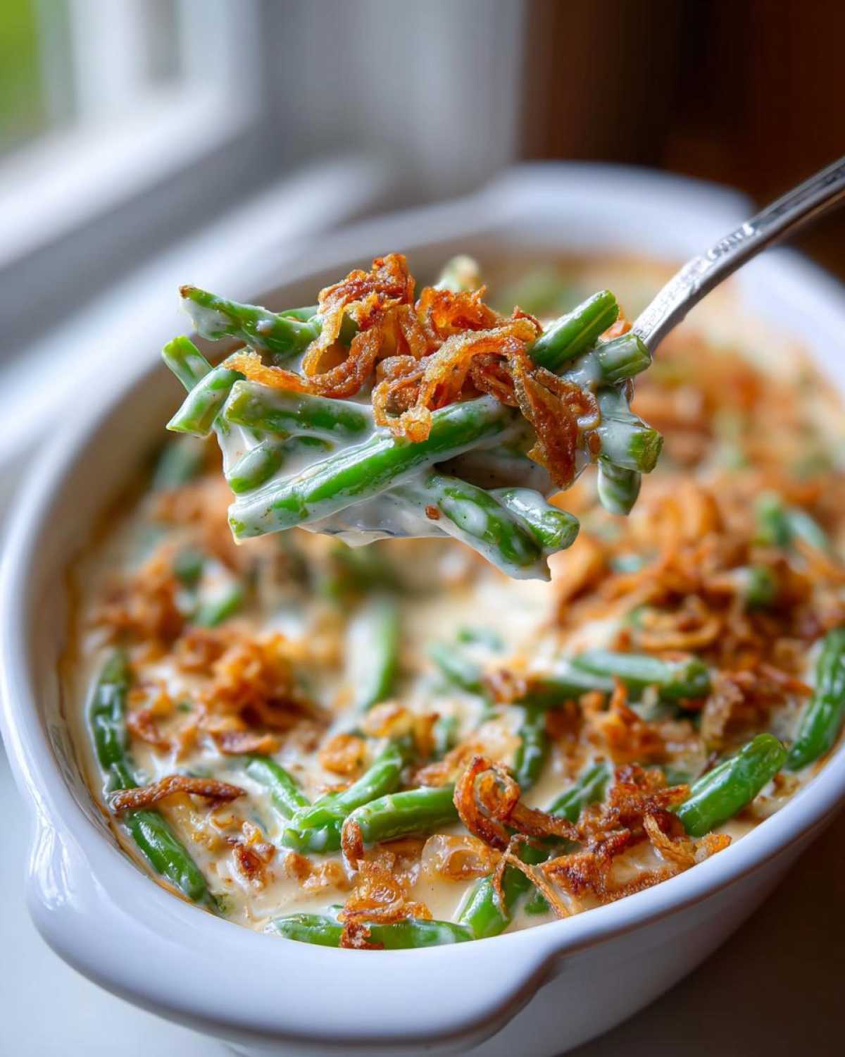 A spoonful of creamy green bean casserole topped with crispy fried onions being lifted from the white baking dish.
