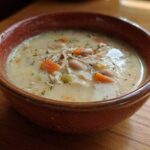 Close-up of a hearty bowl of creamy ham bean soup, featuring shredded ham, white beans, carrots, and herbs.
