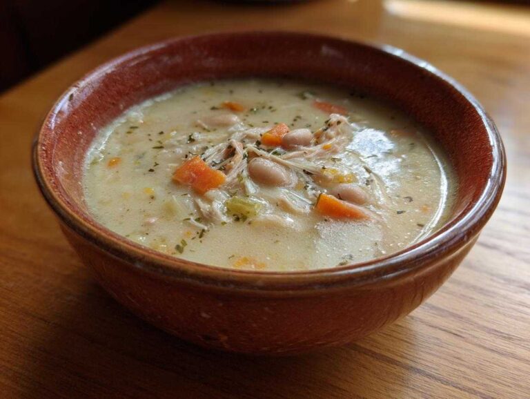 Close-up of a hearty bowl of creamy ham bean soup, featuring shredded ham, white beans, carrots, and herbs.