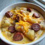 Close-up of a bowl of creamy kielbasa potato soup, featuring chunks of potato, sliced sausage, and melted cheddar cheese.