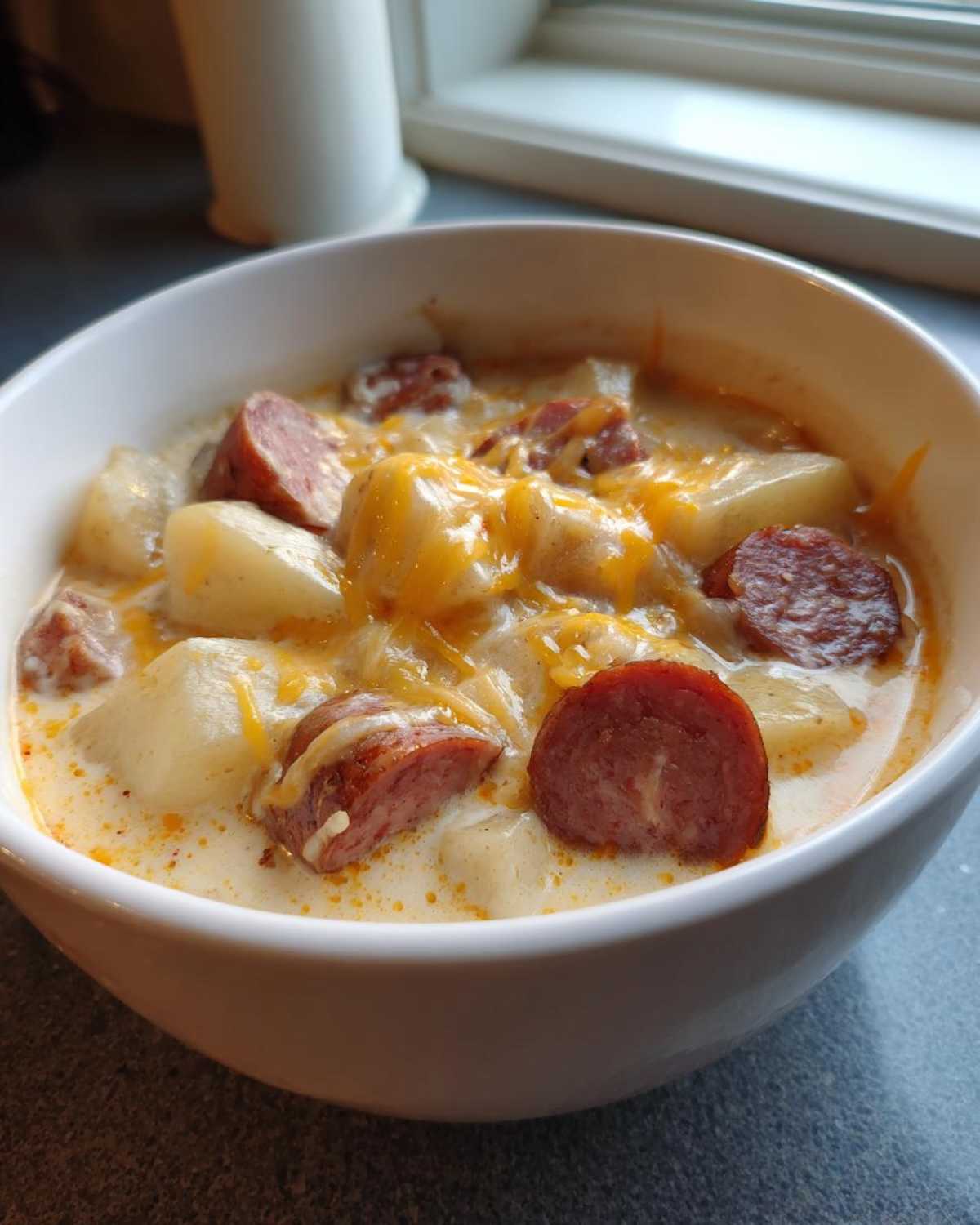 Close-up of a white bowl filled with creamy kielbasa potato soup, featuring chunks of potato and sliced sausage topped with melted cheddar cheese.