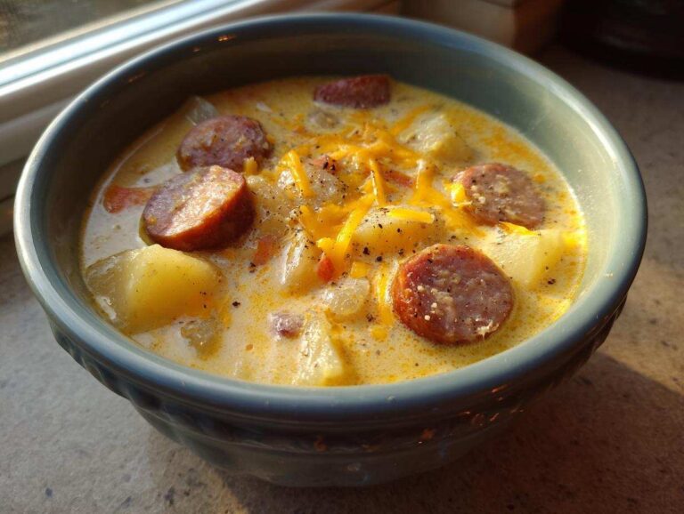 Close-up of a creamy bowl of kielbasa potato soup topped with melted cheddar cheese and black pepper.