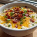 Close-up of a bowl of creamy loaded baked potato soup topped with melted cheddar cheese, bacon bits, and green onions.